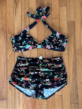 RETRO Esther Williams High Waisted Floral Ruched Vintage Swimsuit Bikini sz 12